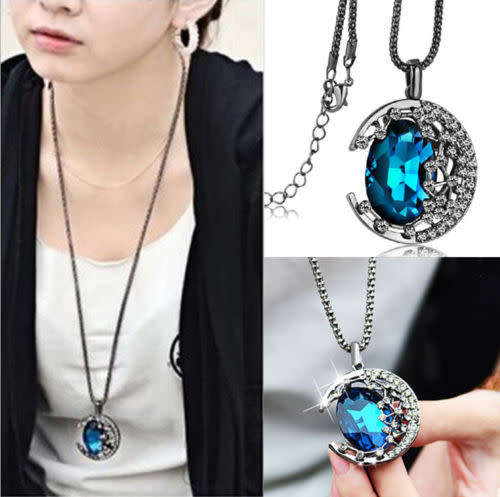 Retro Crystal Moon Long Pendant Sweater  Necklace
