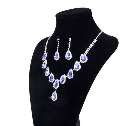 Elegant Blue Waterdrop Shaped Rhinestone Earring and Necklace Set