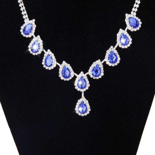 Elegant Blue Waterdrop Shaped Rhinestone Earring and Necklace Set