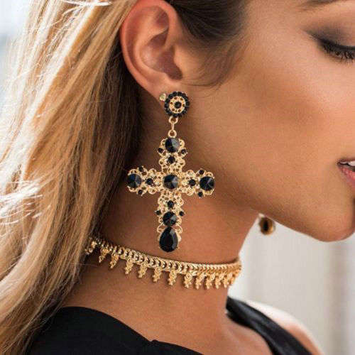 Vintage Baroque Style Gold Cross Large Dangle Earrings
