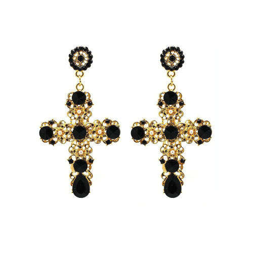 Vintage Baroque Style Gold Cross Large Dangle Earrings