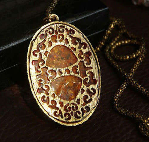 Oval Amber Hollow Rhinestone Long Chain Pendant Necklace
