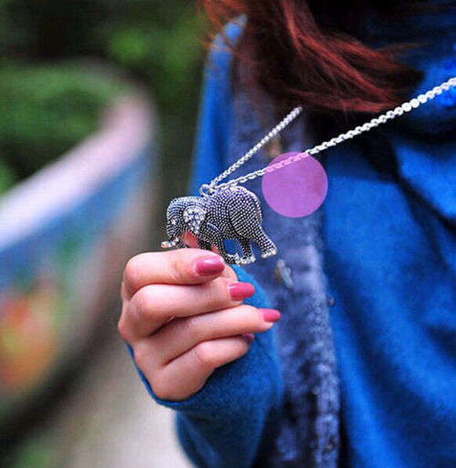 Cute Elephant Pendant Rhinestone Opal Sweater Long Chain Necklace
