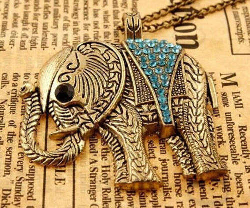 Cute Elephant Pendant Rhinestone Opal Sweater Long Chain Necklace