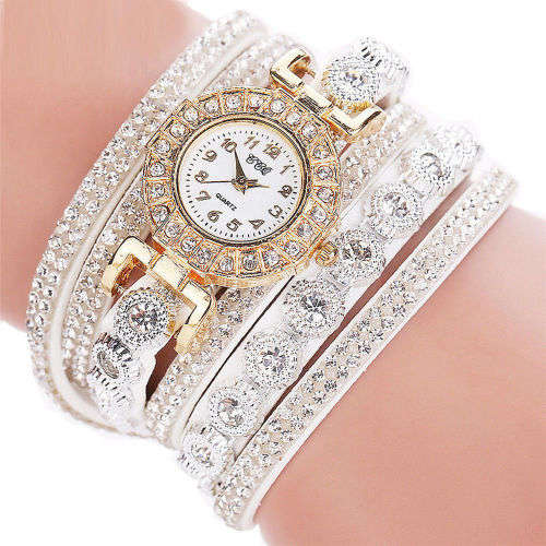 Leather & Rhinestone Bracelet Wrist Watch