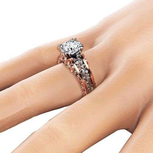 Silver and Rose Brass Two Tone Engagement Ring with Rhinestone