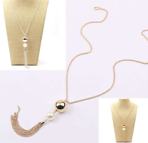 Pearl Pendant Necklace Long Silver or Gold Tassel Sweater Chain