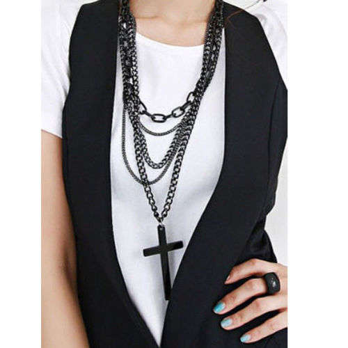 Cross Pendant Black Long Chain Necklace