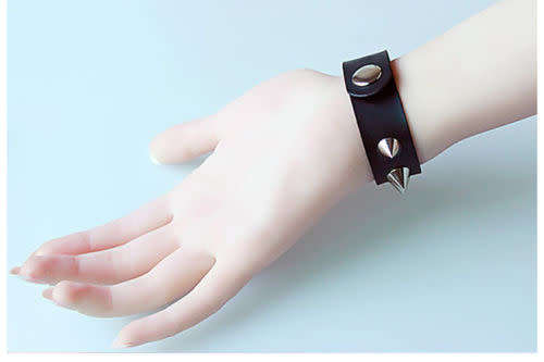 Silver Spike Rivet Cone Black Leather Cuff Wristband - GREAT SHIPPING DEAL