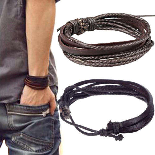 Brown Leather Wrap Braided Wristband