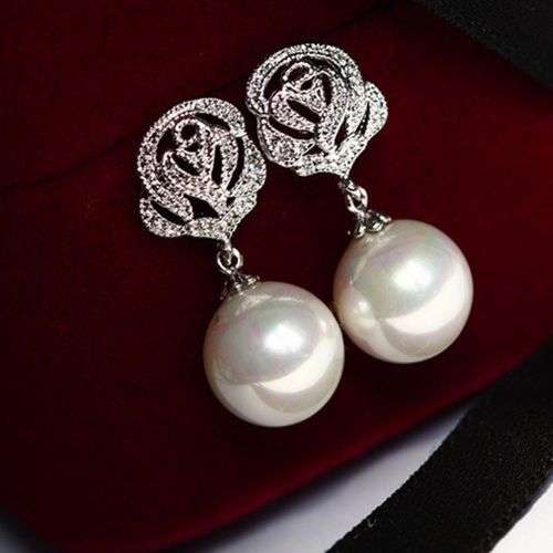 Rose Flower Pearl Ear Stud Earrings