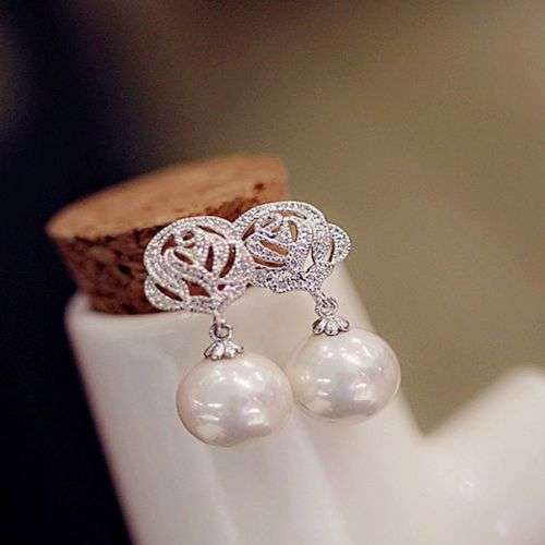Rose Flower Pearl Ear Stud Earrings