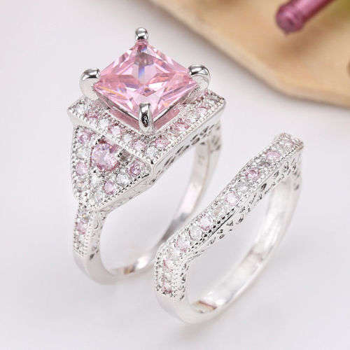 925 Silver Pink Sapphire Ring Set