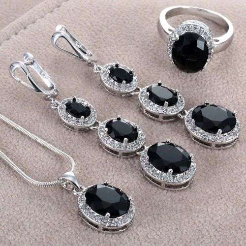 Silver Oval Cut Black Onyx Ring Necklace Earring Jewelry Set