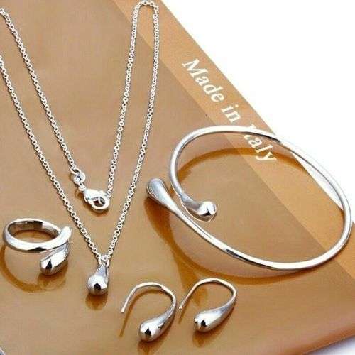 Elegant Silver Drop Necklace Bracelet Earring Ring Set