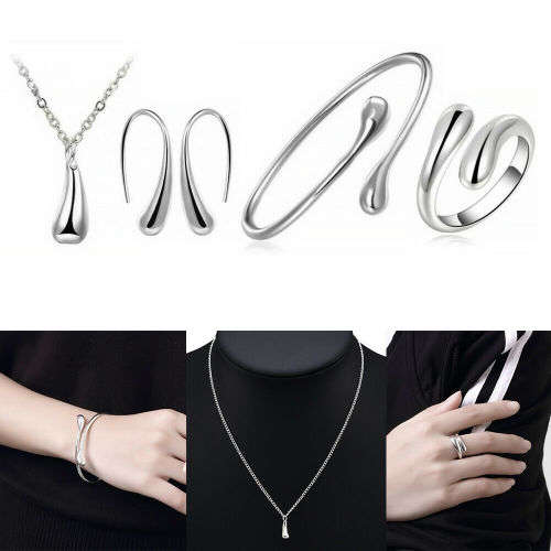Elegant Silver Drop Necklace Bracelet Earring Ring Set