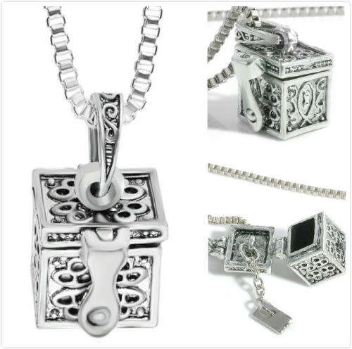 Silver Box Memorial Urn Cremation Charm Pendant Necklace Ash Holder