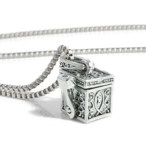 Silver Box Memorial Urn Cremation Charm Pendant Necklace Ash Holder