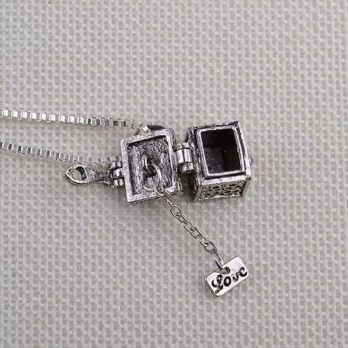 Silver Box Memorial Urn Cremation Charm Pendant Necklace Ash Holder