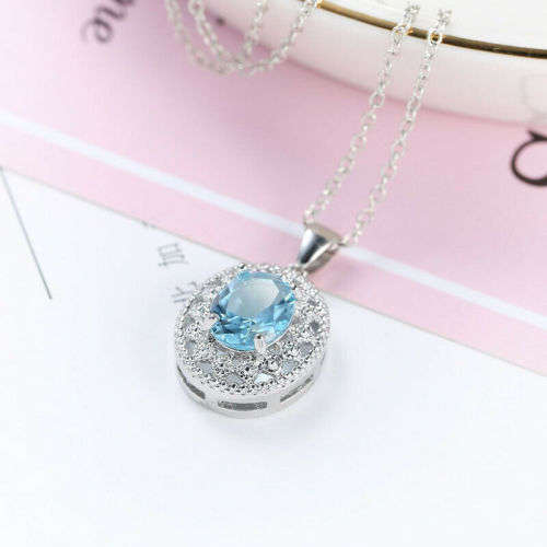 Elegant Silver Aquamarine Oval Pendant Neclace