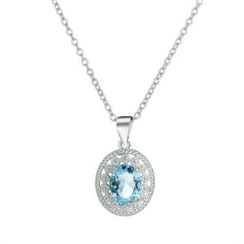 Elegant Silver Aquamarine Oval Pendant Neclace