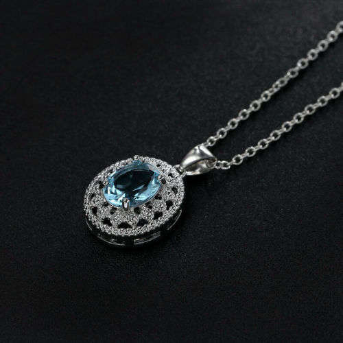 Elegant Silver Aquamarine Oval Pendant Neclace
