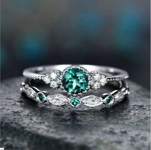 Classic Silver Sapphire or Emerald Ring Set