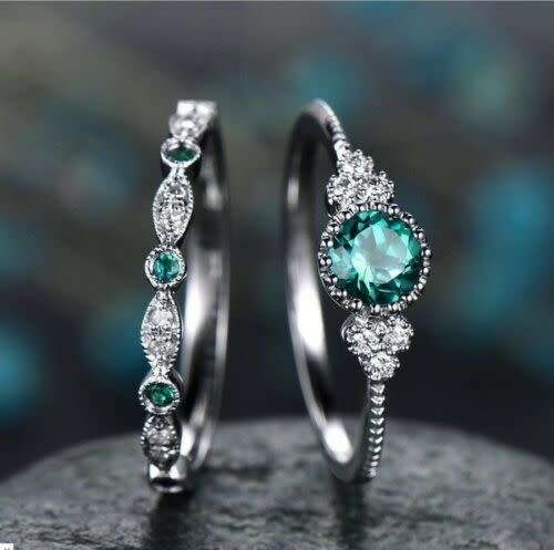 Classic Silver Sapphire or Emerald Ring Set
