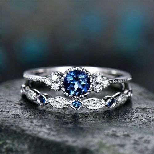Classic Silver Sapphire or Emerald Ring Set