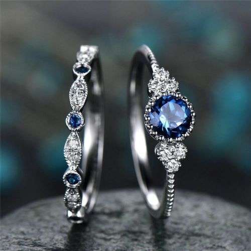 Classic Silver Sapphire or Emerald Ring Set