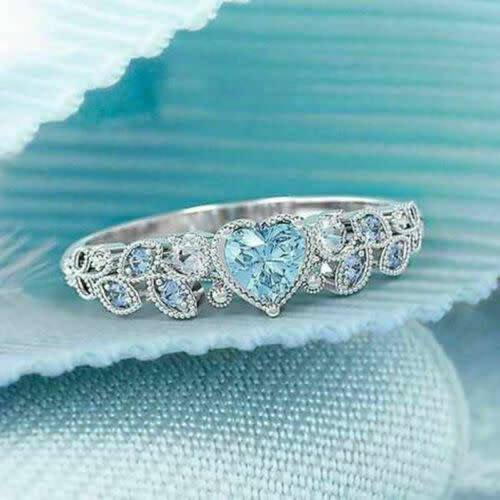 Intricate Silver Aqua Heart Leaf Ring