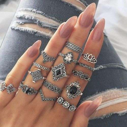 Fun Boho Style Silver Black Ring Set