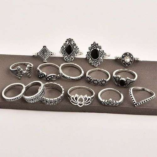 Fun Boho Style Silver Black Ring Set