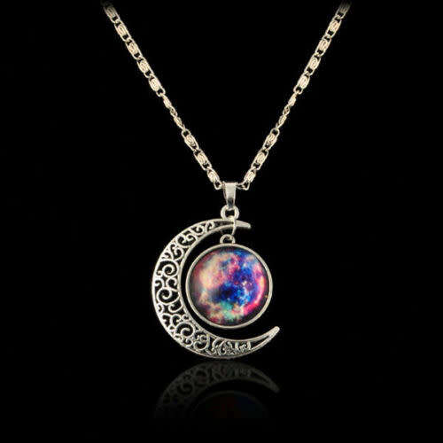 Galaxy Universe Hollow Crescent Moon Glass Cabochon Pendant