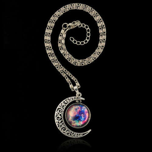 Galaxy Universe Hollow Crescent Moon Glass Cabochon Pendant