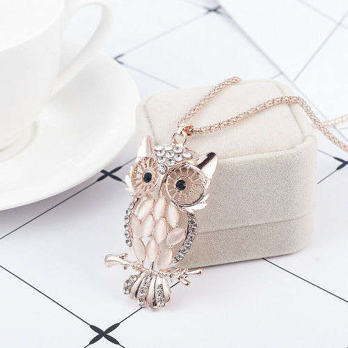 Vintage Crystal Opal Cute Owl Pendant Necklace