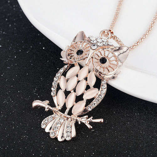 Vintage Crystal Opal Cute Owl Pendant Necklace