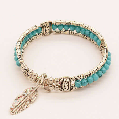 Boho Vintage Feather Turquoise Tibetan Silver Bangle