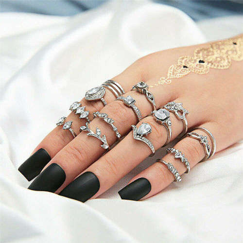 15Pcs/set Silver Midi Finger Ring Set Vintage Punk Boho Knuckle Rings