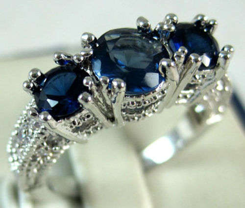 Silver Sapphire CZ Three Stone Ring