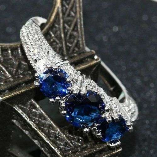 Silver Sapphire CZ Three Stone Ring