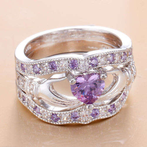 Irish Claddagh Celtic Heart Amethyst CZ Ring