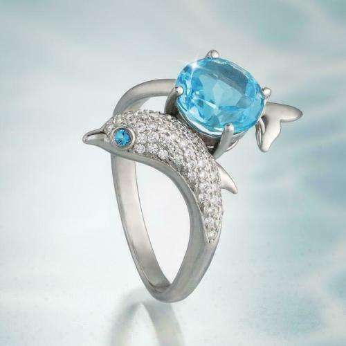 Silver Dolphin Blue Sapphire CZ Ring
