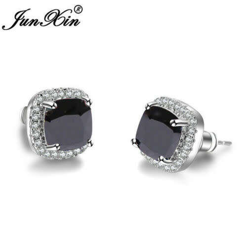 Elegant Cubic Zircon Stud Earrings Silver Onyx CZ Black Jewelry A Pair/set