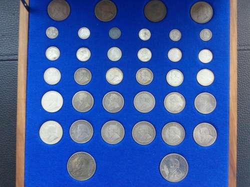 COMPLETE Set of PAUL KRUGER Coins from 1892 to 1898 in Kiaat Velvet Box  Plus many extra Coins