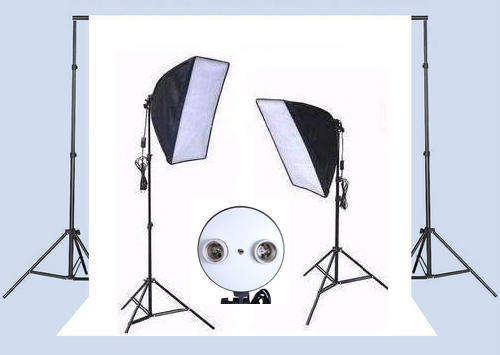 Double Light Photo Studio Video Portrait Lighting E27 with 2 x 2m Backdrop Stand & Backdrop