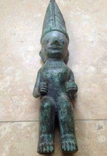 vintage bronze Benin sculpture pointed hat ,arms forward