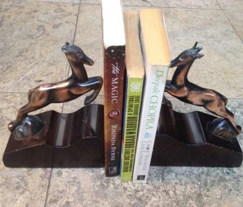 copper and wood springbok vintage bookends