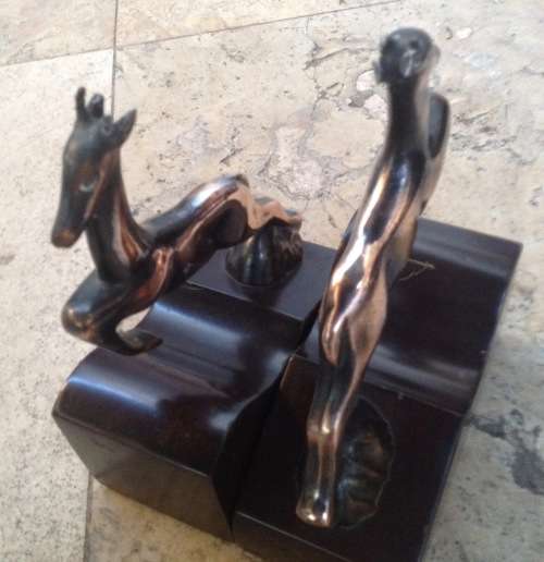 copper and wood springbok vintage bookends