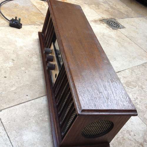 Vintage AITC solid state AM/FM 4 speaker radio faux wood tabletop console stereo